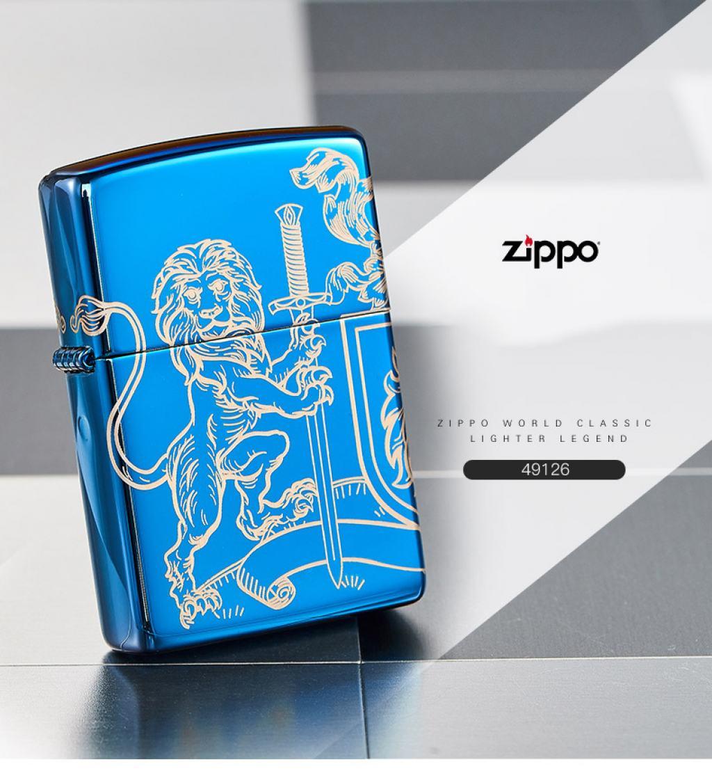 Bật Lửa Zippo Xanh Dương Khắc Biểu Tượng Sư Tử Trung Cổ
