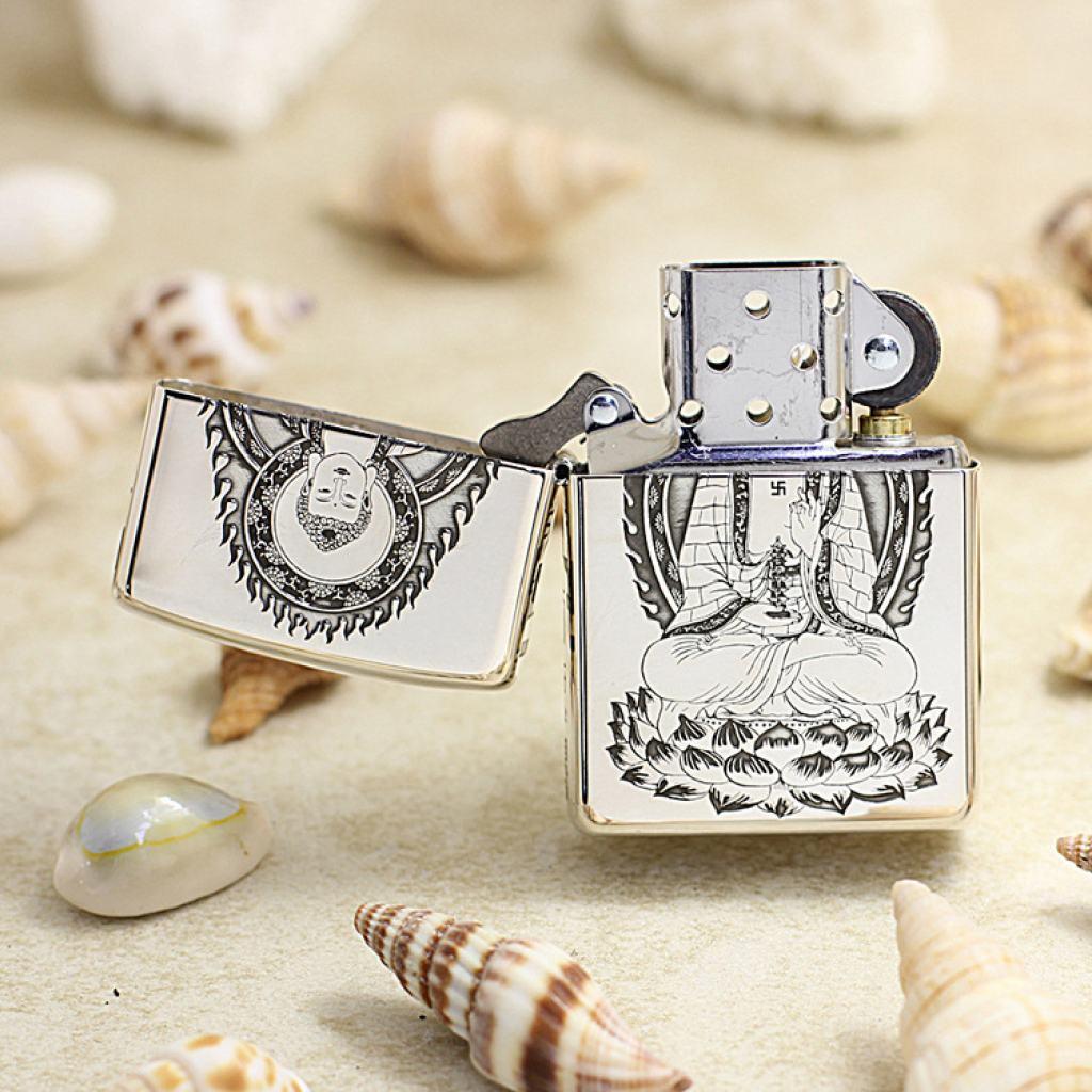 Bật Lửa Zippo Bạc Nguyên Khối Khắc Đức Phật Thích Ca Mâu Ni Bản Vỏ Dầy Armor