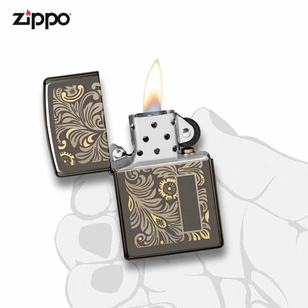 Bật Lửa Zippo  Chính hãng Khắc Hoa Văn Venetian Đen Bóng