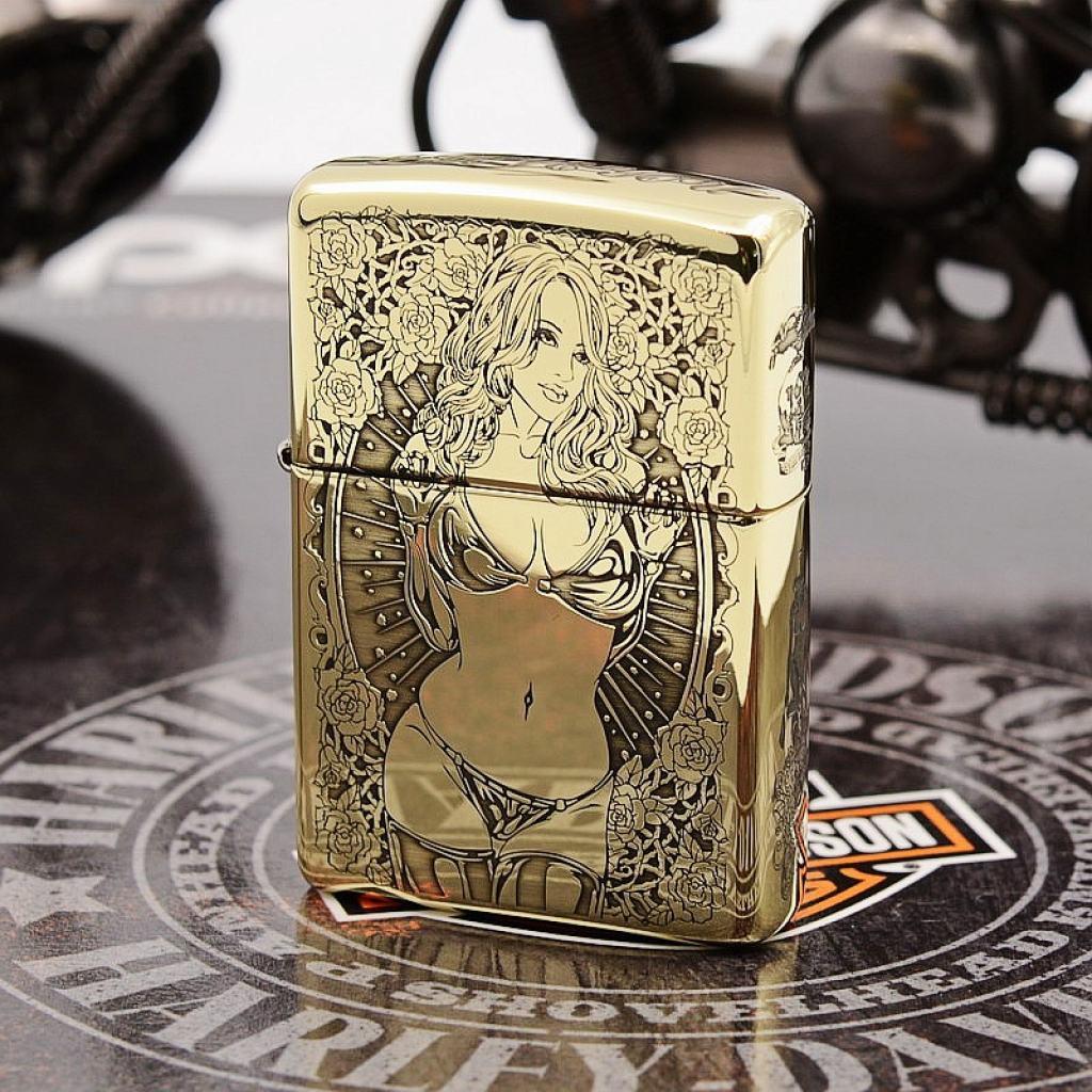 Bật Lửa Zippo Đồng Nguyên Khối Khắc Cô Gái Sexy Bản Vỏ Dầy Armor