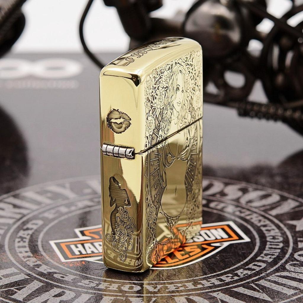 Bật Lửa Zippo Đồng Nguyên Khối Khắc Cô Gái Sexy Bản Vỏ Mỏng