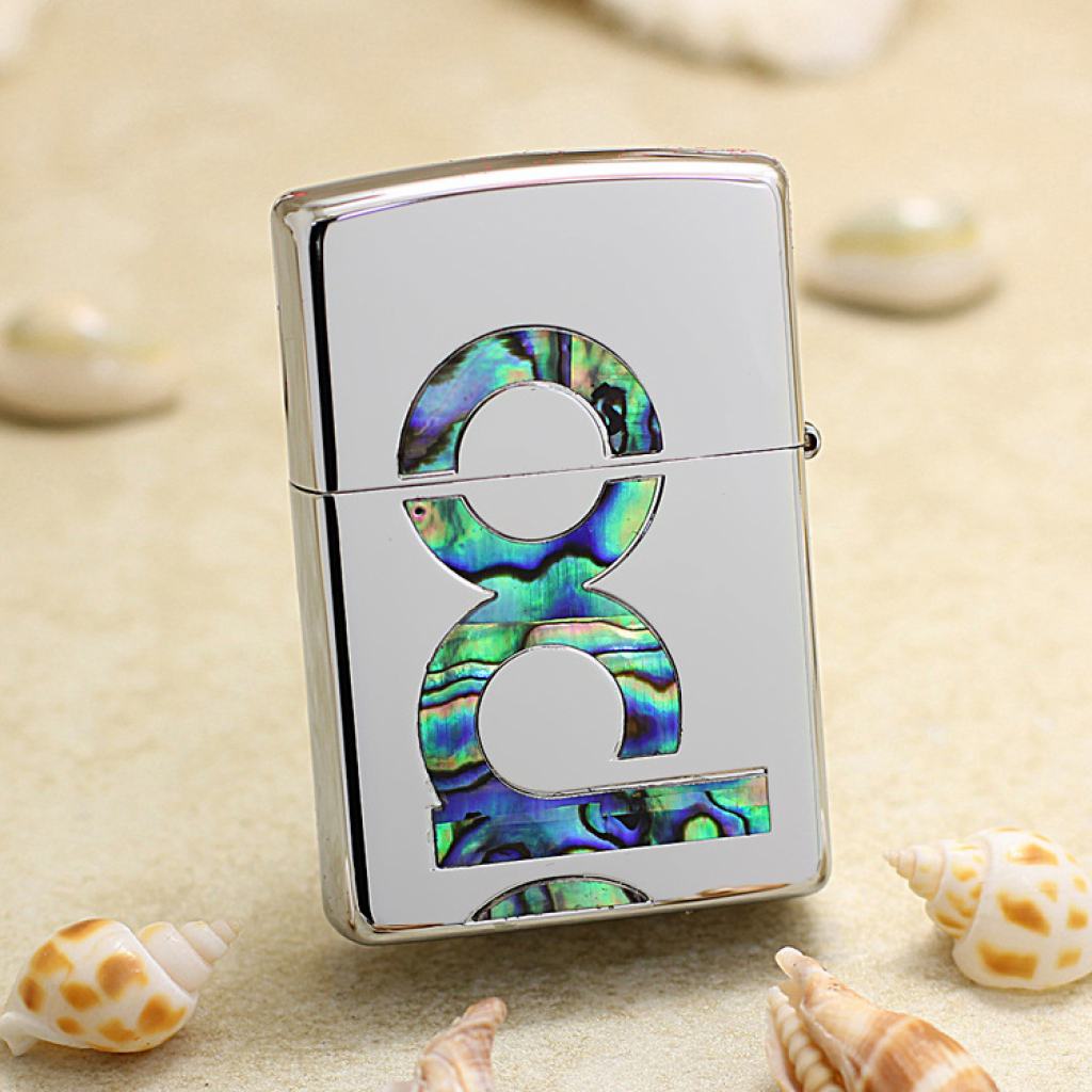 Bật lửa Zippo Mạ Bạc Khảm Trai Xanh Chữ ZIP