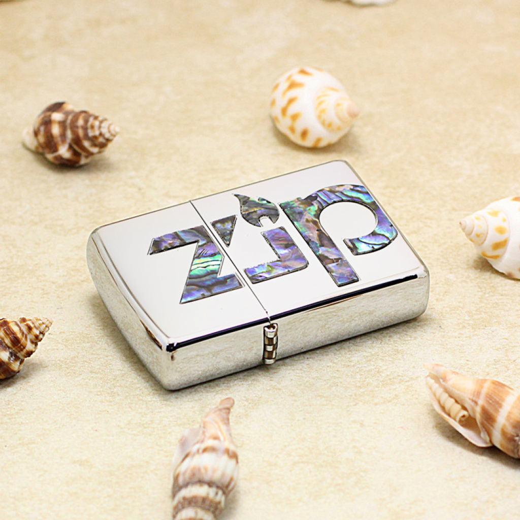 Bật lửa Zippo Mạ Bạc Khảm Trai Xanh Chữ ZIP