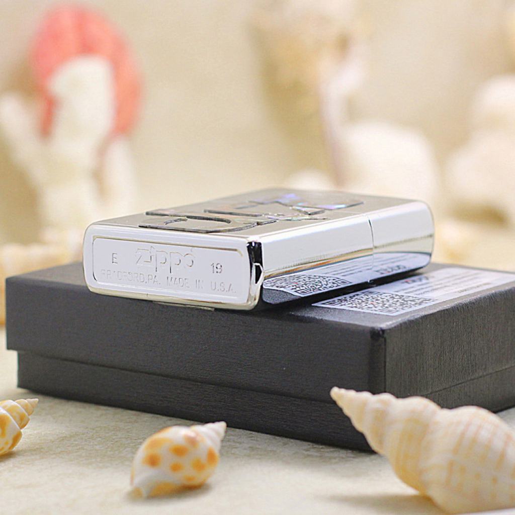 Bật lửa Zippo Mạ Bạc Khảm Trai Xanh Chữ ZIP