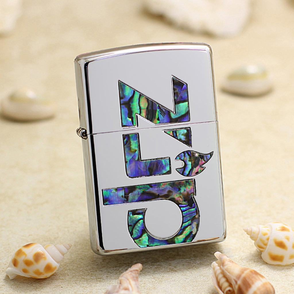 Bật lửa Zippo Mạ Bạc Khảm Trai Xanh Chữ ZIP