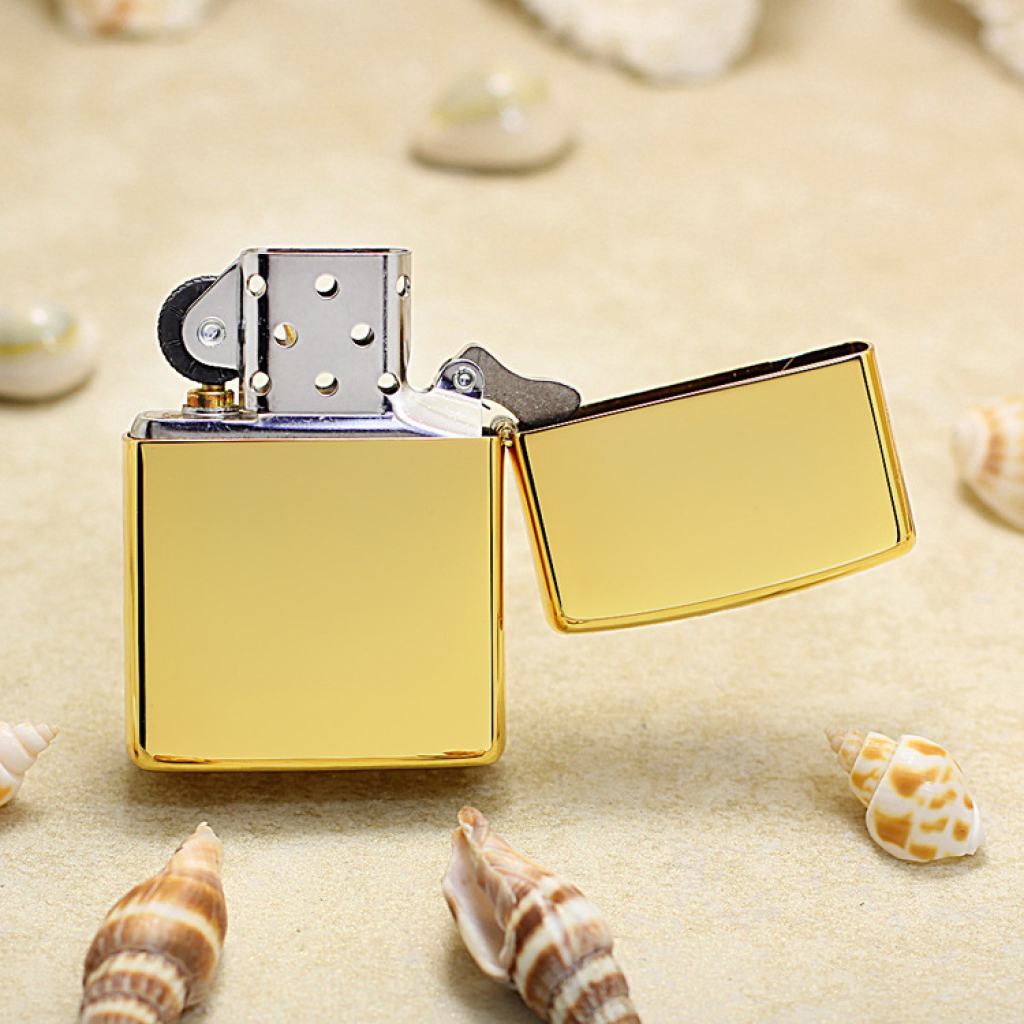 Bật Lửa Zippo Mạ Vàng Khảm Trai Tím  Mèo Thần Tài May Mắn