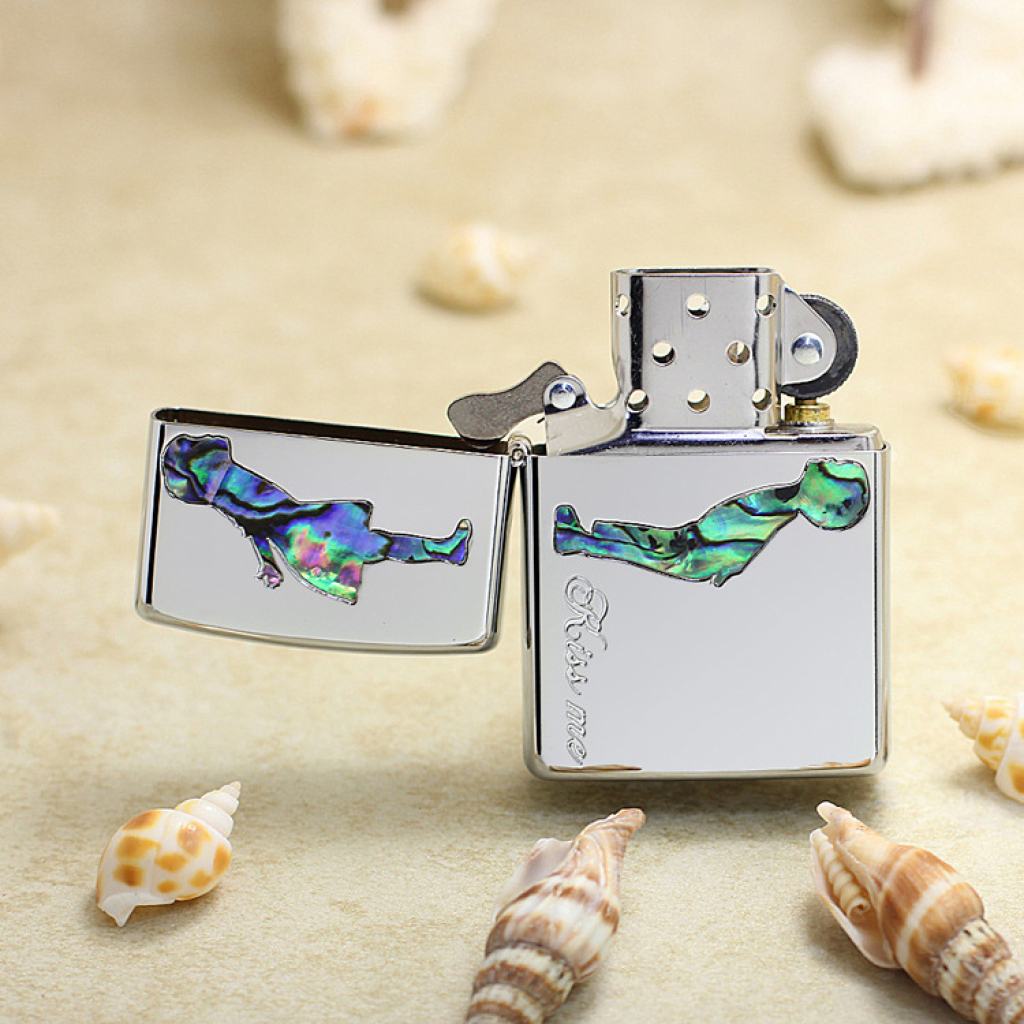 Bật Lửa Zippo Bạc Khảm Trai Xanh Nụ Hôn Tình Yêu