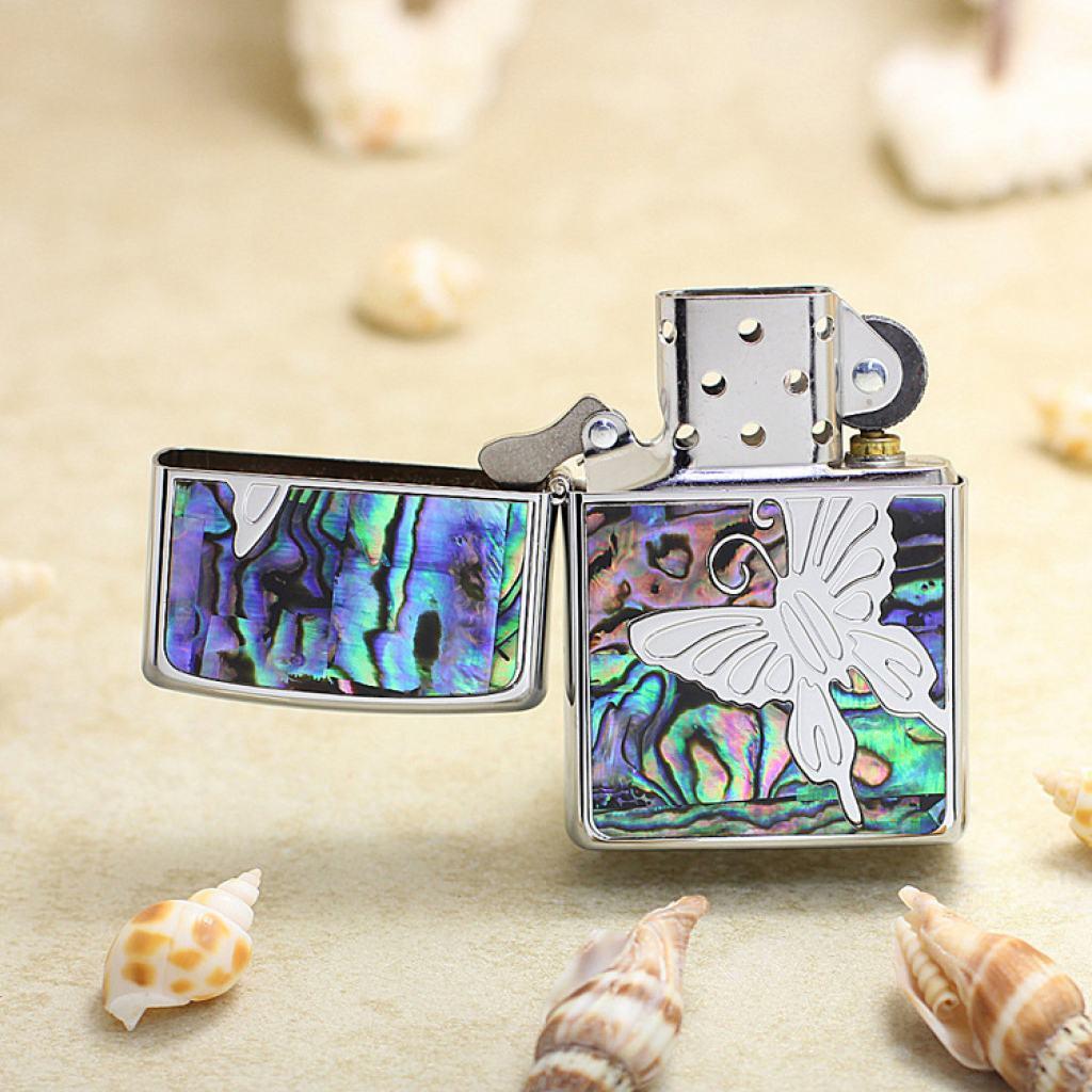 Bật Lửa Zippo Khảm Trai Xanh Hình Bướm Xinh