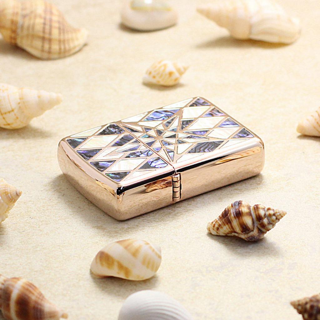 Bật Lửa Zippo Xuất Nhật Mạ Vàng Hồng Khảm Trai Ngôi Sao