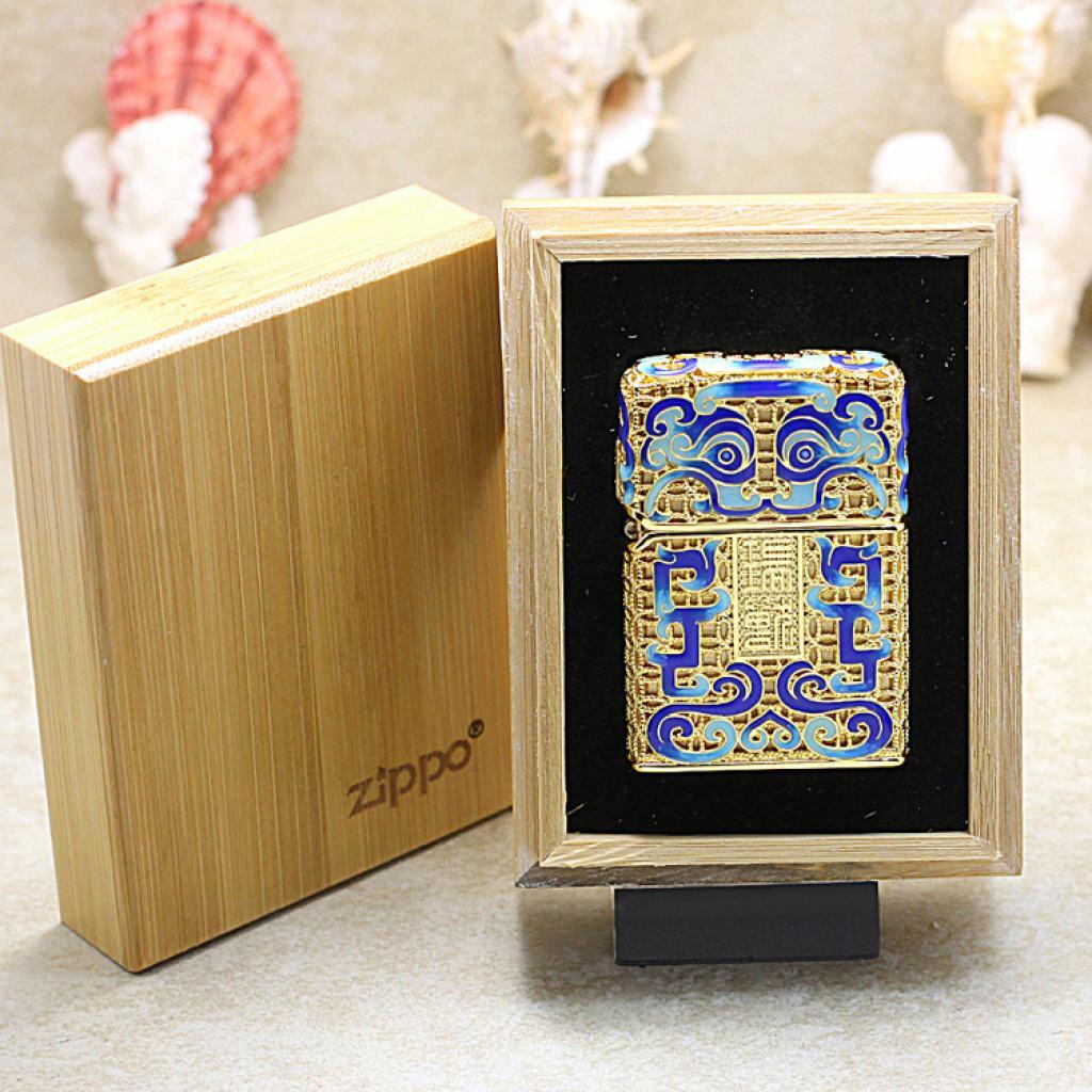 Bật lửa Zippo Bọc Ruiju Mạ Vàng Men Hoa Văn Hoàng Cung
