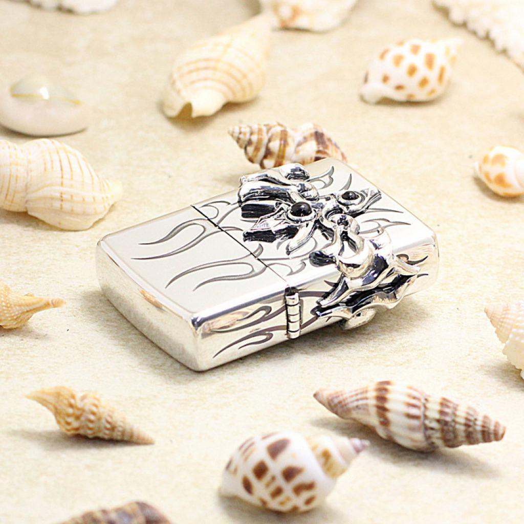 Bật Lửa Zippo Gắn Ngọc Đen May Mắn Ngọn Lửa Xanh