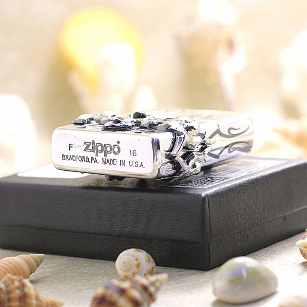 Bật Lửa Zippo Gắn Ngọc Đen May Mắn Ngọn Lửa Xanh