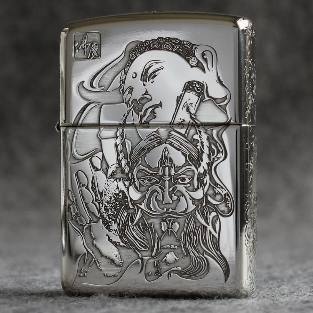 Bật Lửa Zippo Bạc Khối Cao Cấp Khắc Hình Đức Phật Và Ác Quỷ Bản Vỏ Mỏng