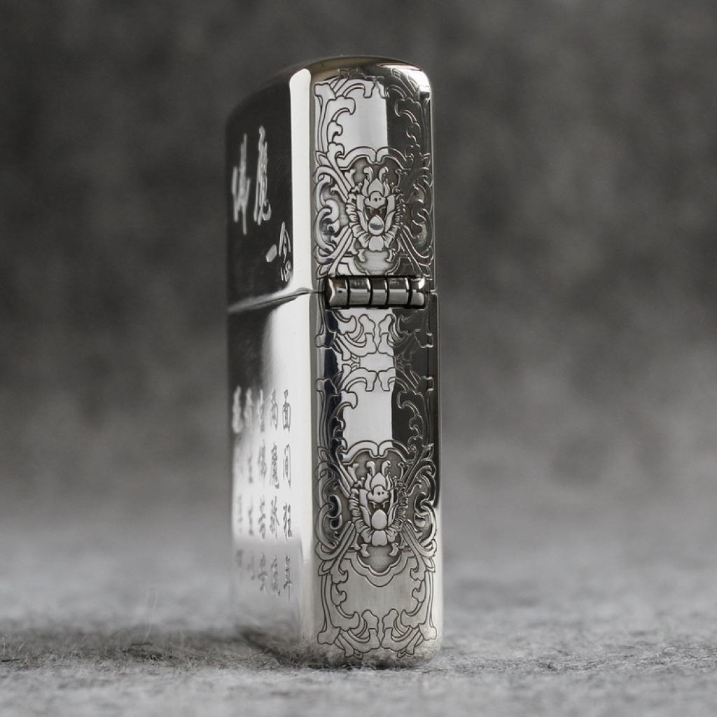 Bật lửa zippo bạc khối cao cấp khắc hình đức phật và ác quỷ bản armor