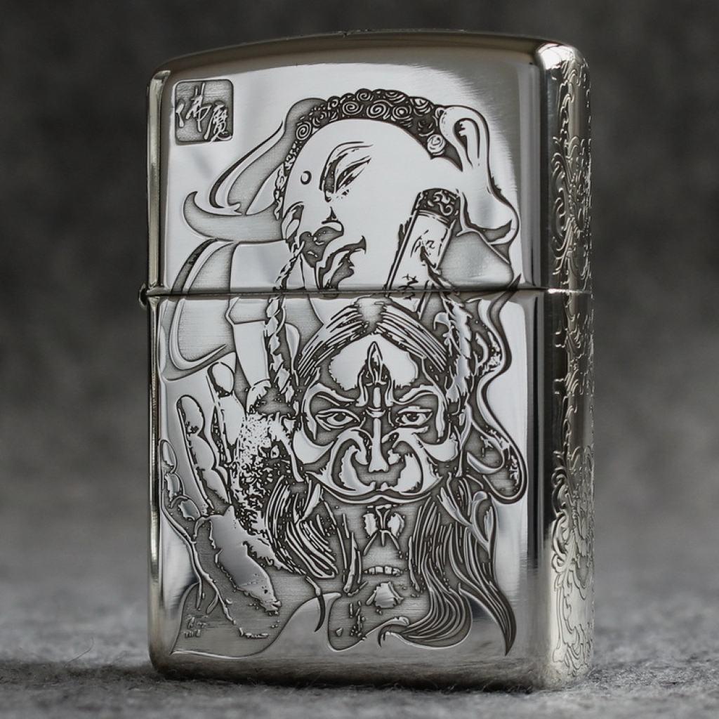 Bật lửa zippo bạc khối cao cấp khắc hình đức phật và ác quỷ bản armor