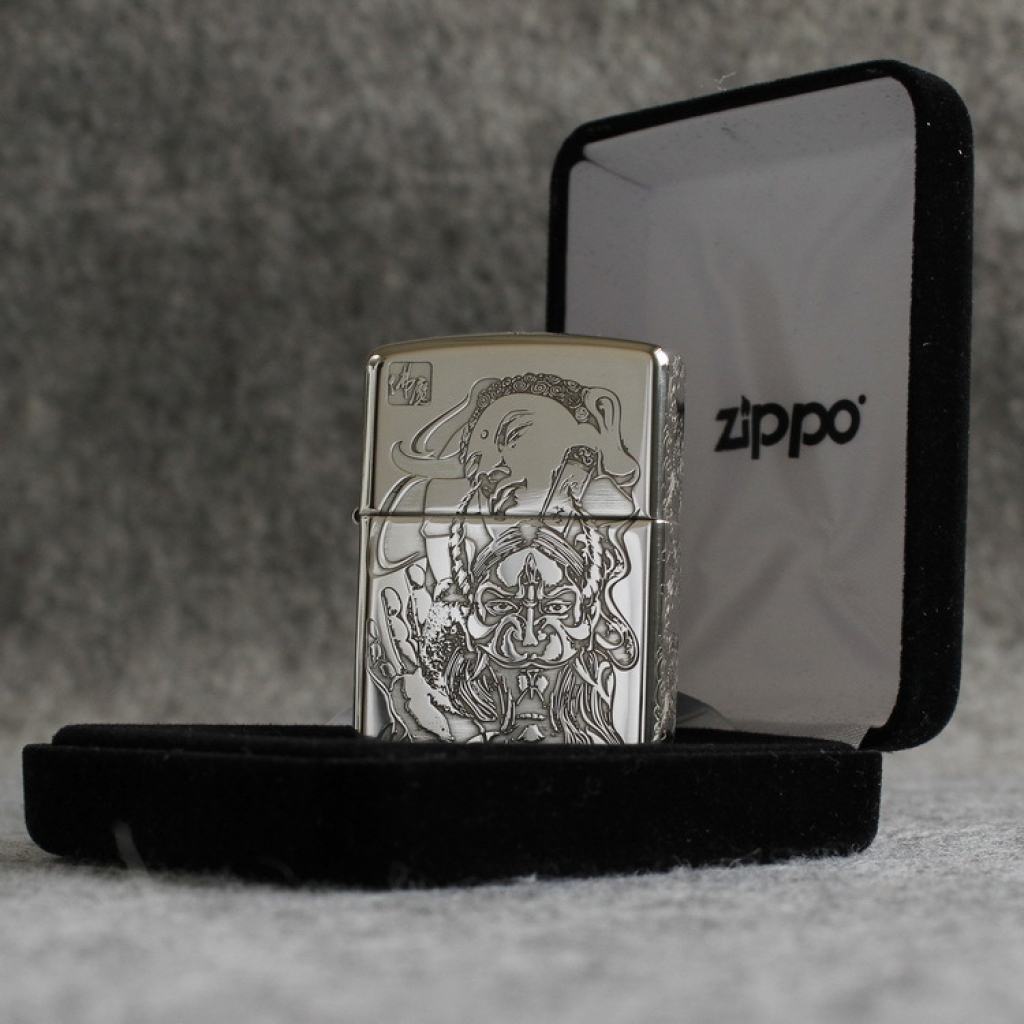 Bật Lửa Zippo Bạc Khối Cao Cấp Khắc Hình Đức Phật Và Ác Quỷ Bản Vỏ Mỏng