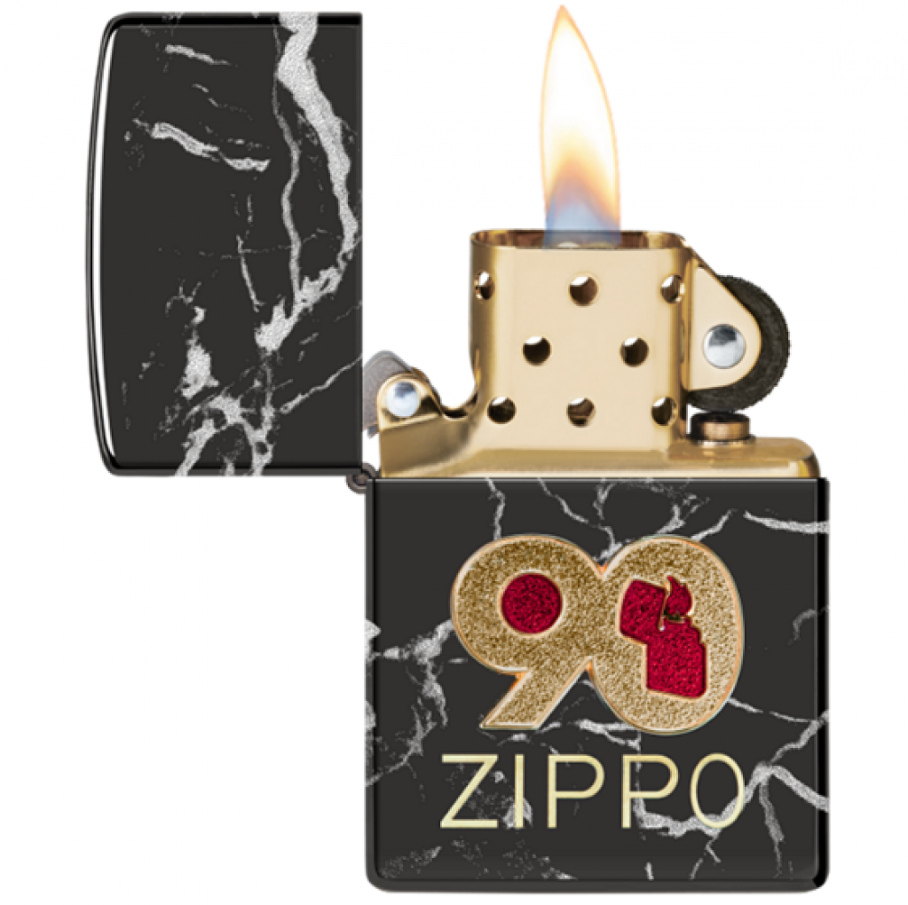 Bật Lửa Zippo 90th Kỷ Niệm Thành Lập Hãng Logo 90 Năm Mạ Vàng Nền Mạ Pramium Vân Đá