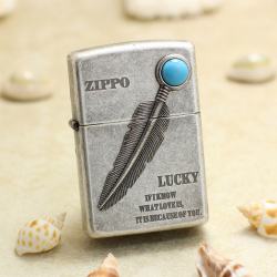 Bật Lửa Zippo Bạc Cổ Xưa Ốp Lông Vũ Gắn Ngọc Lam - Mã SP: ZPC3128