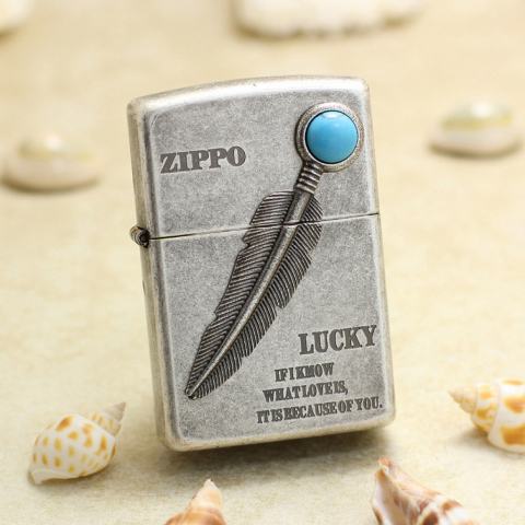 Bật Lửa Zippo Bạc Cổ Xưa Ốp Lông Vũ Gắn Ngọc Lam