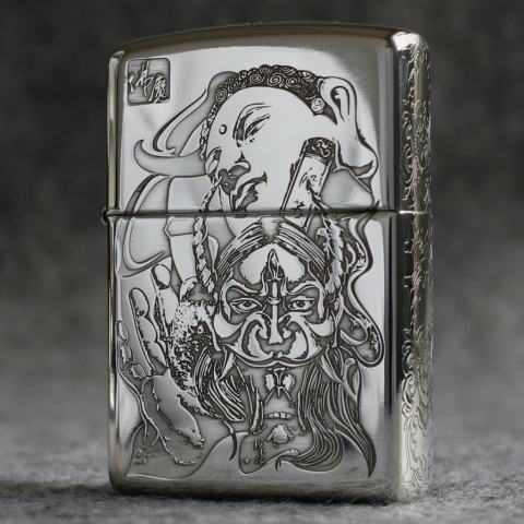 Bật lửa zippo bạc khối cao cấp khắc hình đức phật và ác quỷ bản armor