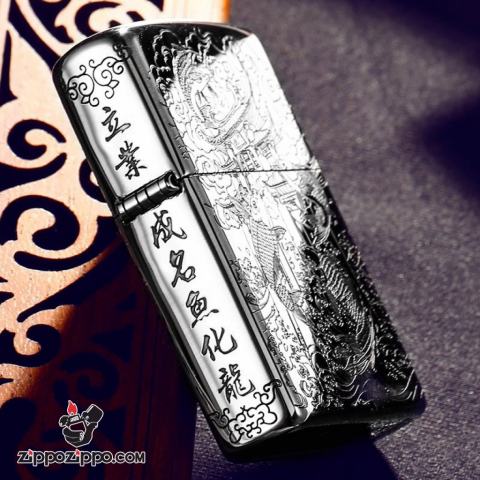 Bật Lửa Zippo Bạc Nguyên Khối Cao Cấp Chạm Khắc Cá Chép Vượt Long Môn Bản Vỏ Mỏng