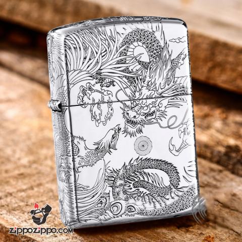 Bật Lửa Zippo Bạc Nguyên Khối Cao Cấp Chạm Khắc Long Phụng Chanh Đấu Bản Vỏ Mỏng
