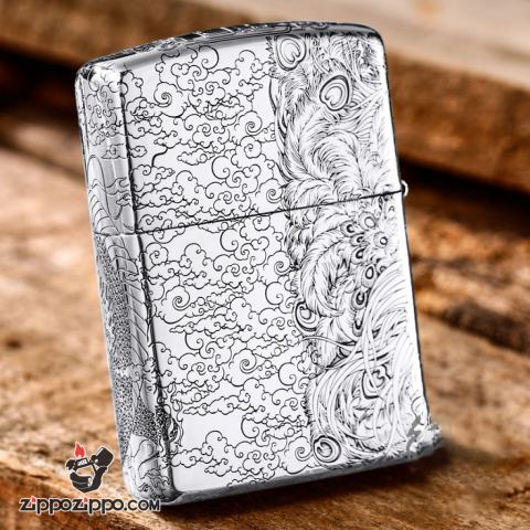 Bật Lửa Zippo Bạc Nguyên Khối Cao Cấp Chạm Khắc Long Phụng Chanh Đấu Bản Vỏ Mỏng