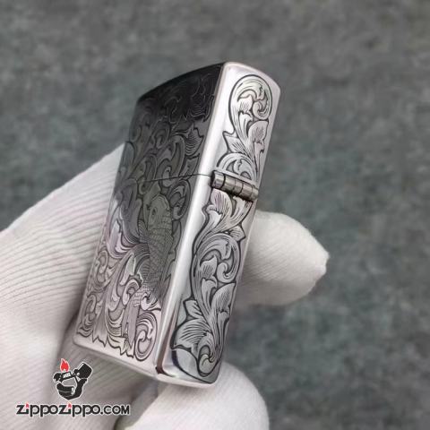 Bật Lửa Zippo Bạc Nguyên Khối Cao Cấp Khắc Cá Chép Vỏ Dầy Bản  Armor