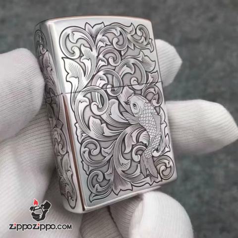 Bật Lửa Zippo Bạc Nguyên Khối Cao Cấp Khắc Cá Chép Vỏ Dầy Bản  Armor