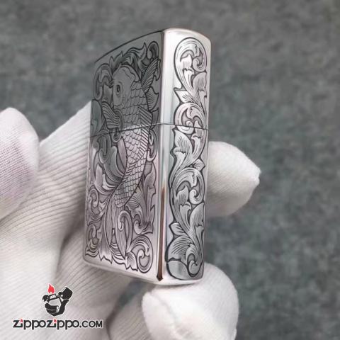 Bật Lửa Zippo Bạc Nguyên Khối Cao Cấp Khắc Cá Chép Vỏ Dầy Bản  Armor