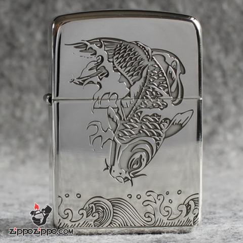 Bật Lửa Zippo Bạc Nguyên Khối Cao Cấp Khắc Cá Chép Hóa Rồng Bản 1941