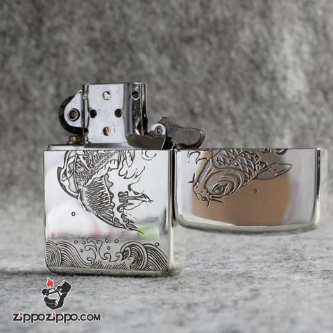 Bật Lửa Zippo Bạc Nguyên Khối Cao Cấp Khắc Cá Chép Hóa Rồng Bản 1941