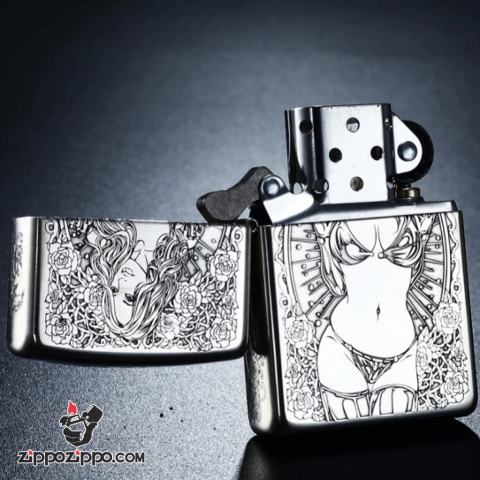 Bật Lửa Zippo Bạc Nguyên Khối Cao Cấp Khắc Chạm Khắc  Khắc Hình Cô Gái Sexy Vỏ Dầy Bản Armor