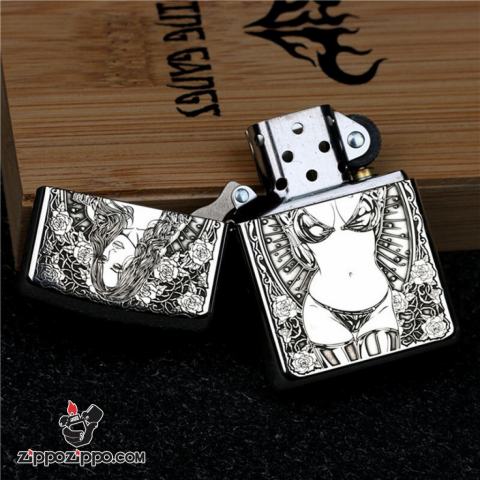 Bật Lửa Zippo Bạc Nguyên Khối Cao Cấp Khắc Chạm Khắc  Khắc Hình Cô Gái Sexy Vỏ Dầy Bản Armor