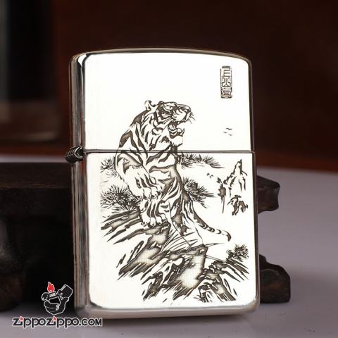 Bật Lửa Zippo Bạc Nguyên Khối Cao Cấp Khắc Chúa Sơn Lâm Vỏ Dầy Bản Armor