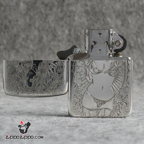 Bật Lửa Zippo Bạc Nguyên Khối Cao Cấp Khắc Cô Gái Sexy Và Đâu Lâu Phiên Bản 1941