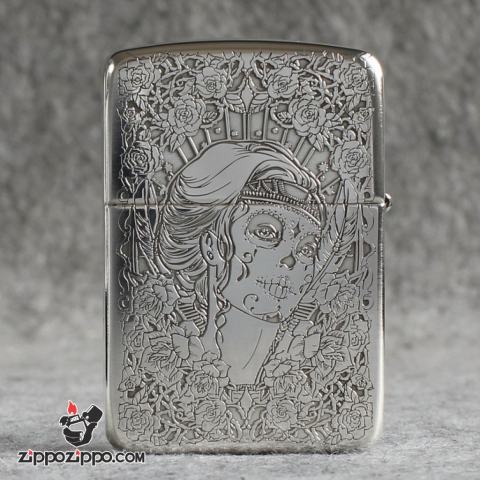 Bật Lửa Zippo Bạc Nguyên Khối Cao Cấp Khắc Cô Gái Sexy Và Đâu Lâu Phiên Bản 1941