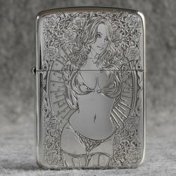 Bật Lửa Zippo Bạc Nguyên Khối Cao Cấp Khắc Cô Gái Sexy Và Đâu Lâu Phiên Bản 1941