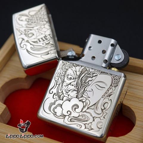 Bật Lửa Zippo Bạc Nguyên Khối Cao Cấp Khắc Đức Phật Và Quỷ Bản Armor