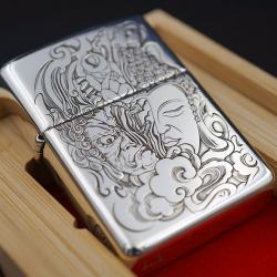 Bật Lửa Zippo Bạc Nguyên Khối Cao Cấp Khắc Đức Phật Và Quỷ Bản Armor