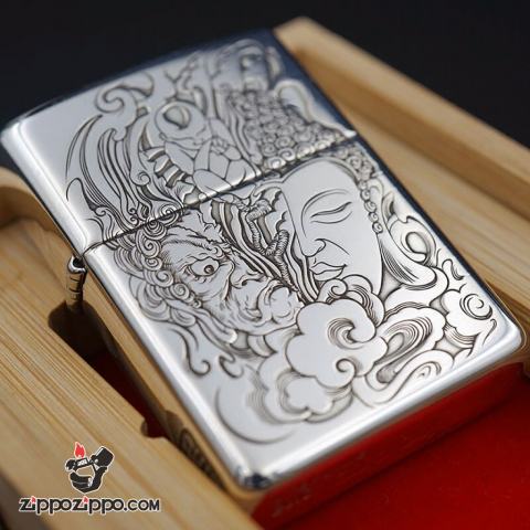 Bật Lửa Zippo Bạc Nguyên Khối Cao Cấp Khắc Đức Phật Và Quỷ Bản Armor