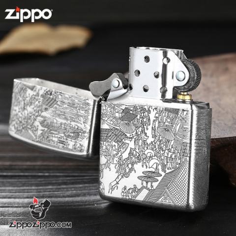 Bật lửa Zippo Bạc nguyên khối cao cấp khắc Hình Bức Tranh Cổ Bản Amor