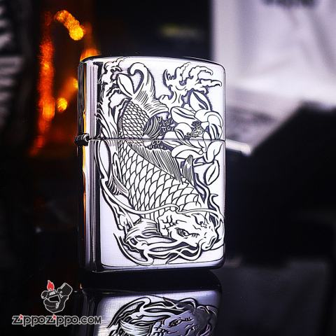Bật lửa Zippo Bạc nguyên khối cao cấp khắc Hình Cá Chép Bản Amor