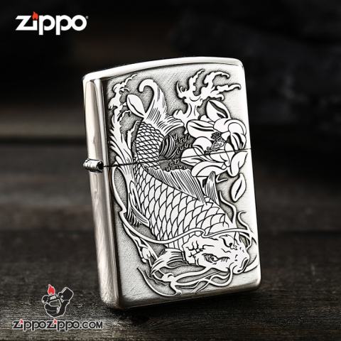 Bật lửa Zippo Bạc nguyên khối cao cấp khắc Hình Cá Chép Bản Amor