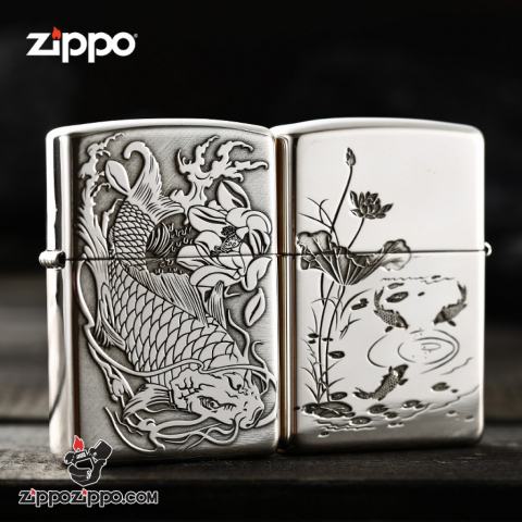 Bật lửa Zippo Bạc nguyên khối cao cấp khắc Hình Cá Chép Bản Tiêu Chuẩn