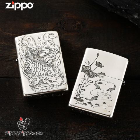 Bật lửa Zippo Bạc nguyên khối cao cấp khắc Hình Cá Chép Bản Tiêu Chuẩn
