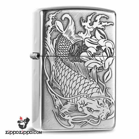 Bật lửa Zippo Bạc nguyên khối cao cấp khắc Hình Cá Chép Bản Tiêu Chuẩn