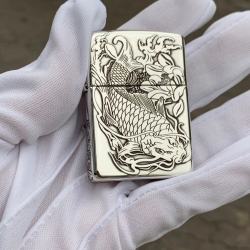 Bật lửa Zippo Bạc nguyên khối cao cấp khắc Hình Cá Chép Cạnh Viền Bản Vỏ Dầy Armor - Mã SP: ZPC3088