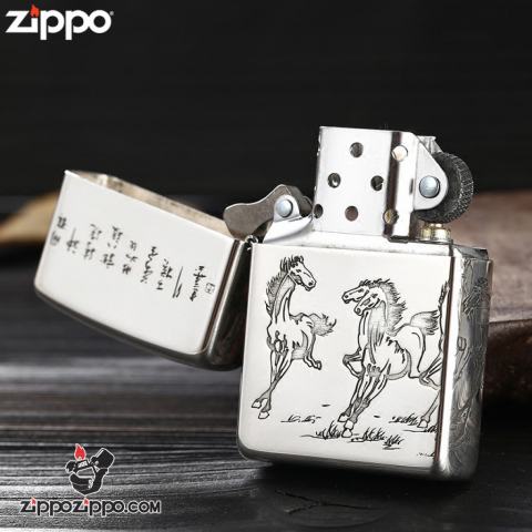Bật Lửa Zippo Chính Hãng Bạc Khối Khắc Tranh Bát Mã Truy Phong Bản Armor.