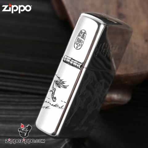 Bật Lửa Zippo Chính Hãng Bạc Khối Khắc Tranh Bát Mã Truy Phong Bản Tiêu Chuẩn.